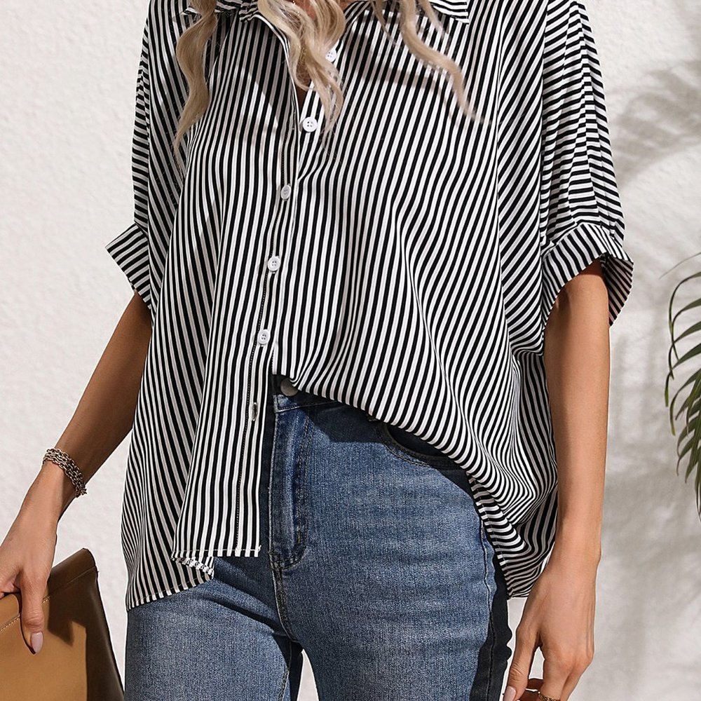Black & White Casual Womens Striped Print Batwing Sleeve Shirt - Picture 5 of 5